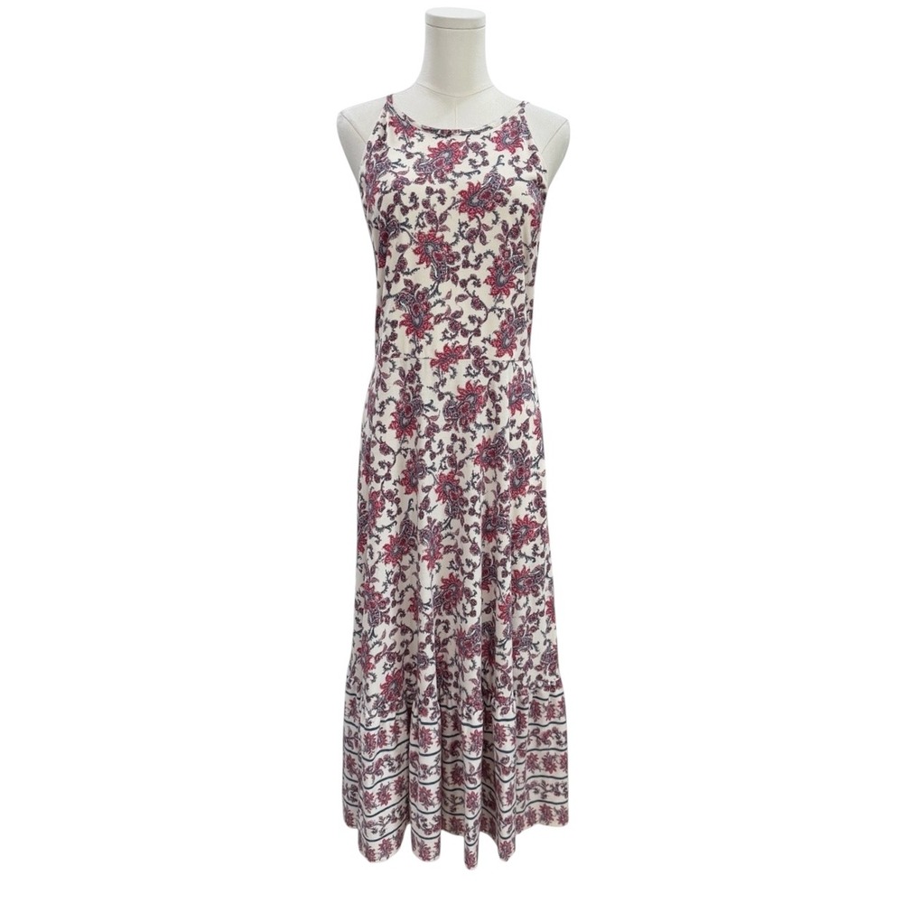 Chaps Red Blue Paisley Floral Cotton Halter Maxi Dress Tiered Hem Cottagecore L - Picture 4 of 8